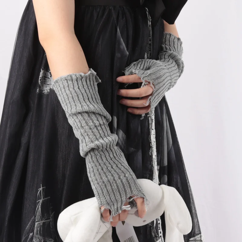 Tech Wear Accessories - ユニセックスニットの破れたオーバースリーブ、暖かい腕の袖、ボロネーゼされた指のないカフグローブ、エルボーロックミトン、パンク壊れたミトン、1ペア