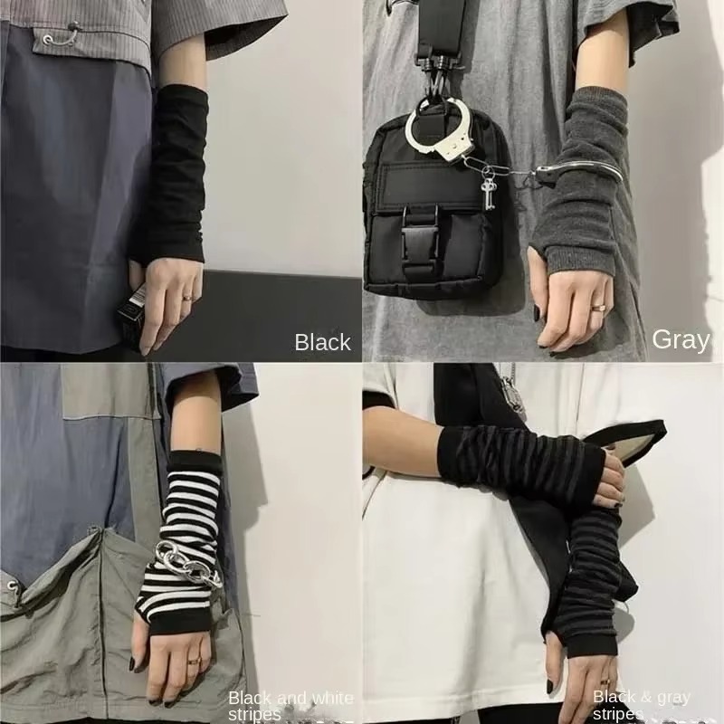 黒パンクロングフィンガーレスグローブカフ女性男性用スポーツア - Y2K Tech Accessories のレビューと価格