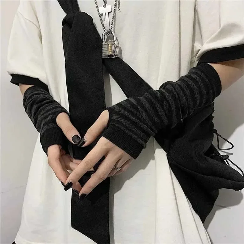 黒パンクロングフィンガーレスグローブカフ女性男性用スポーツア - Y2K Tech Accessories のレビューと価格